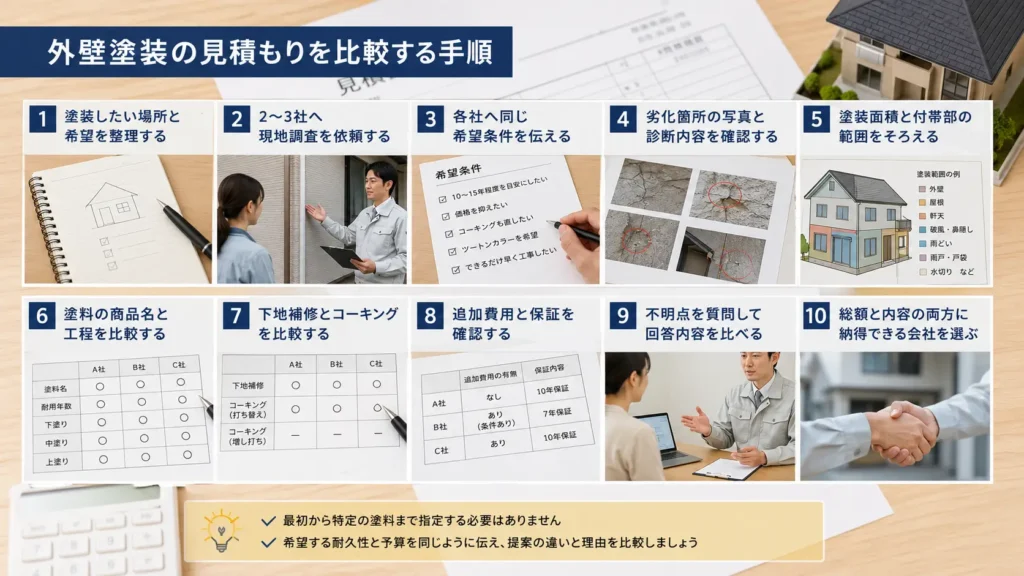 外壁塗装の希望整理から複数社の見積もり比較、業者選びまでの手順を示した画像