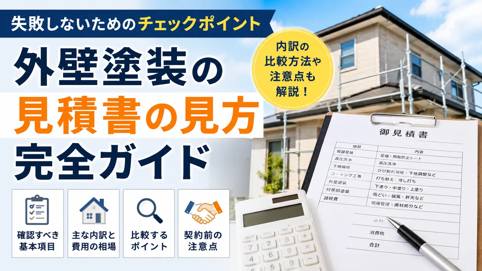 外壁塗装の見積書の内訳や比較方法、契約前の注意点を解説するアイキャッチ画像