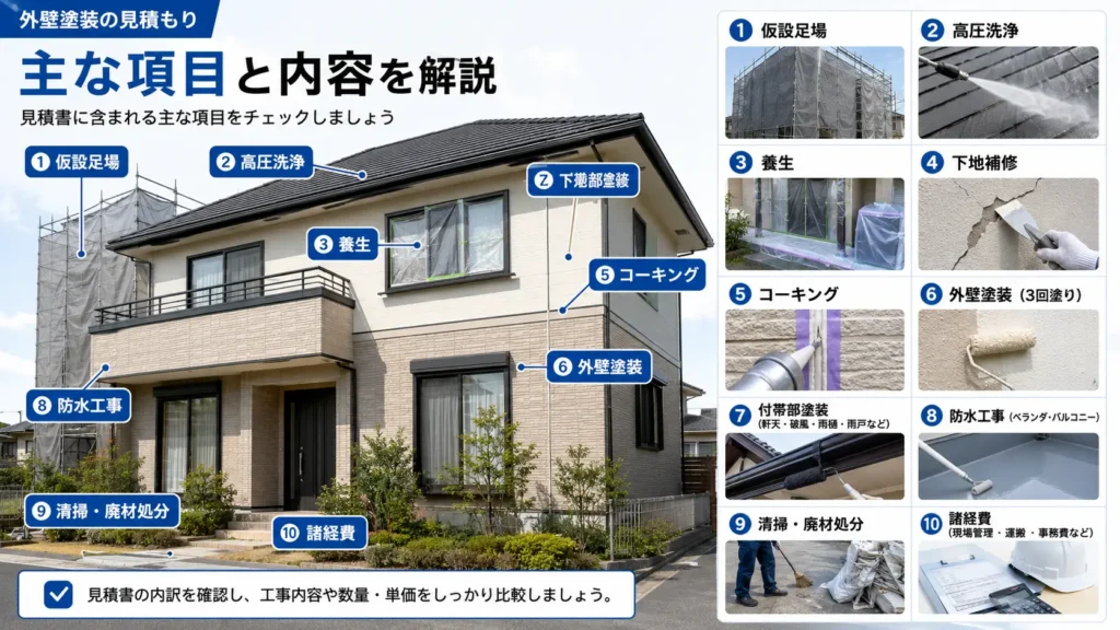 外壁塗装の見積書に含まれる足場・洗浄・養生・下地補修・塗装・付帯部・防水工事などの主な内訳を示した画像