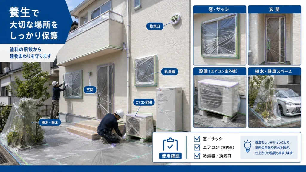 外壁塗装前に窓・玄関・室外機・給湯器・植木・車などを養生した状態を示した画像