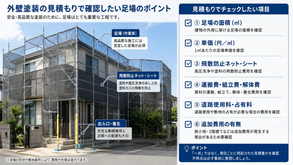 外壁塗装の足場設置と、見積もりで確認したい面積・単価・飛散防止シートなどの項目を示した画像