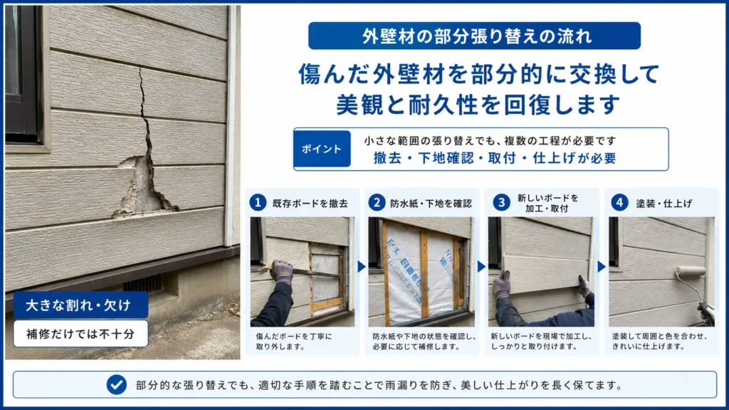 大きく割れたり欠けたりした外壁材を部分交換する際の、既存ボード撤去、防水紙と下地の確認、新しいボードの加工・取付、塗装仕上げまでの流れを示した画像