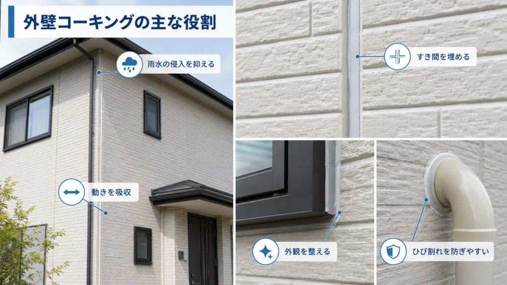 外壁コーキングが雨水の侵入を防ぎ、目地の動きを吸収して隙間を塞ぐ役割を示した画像