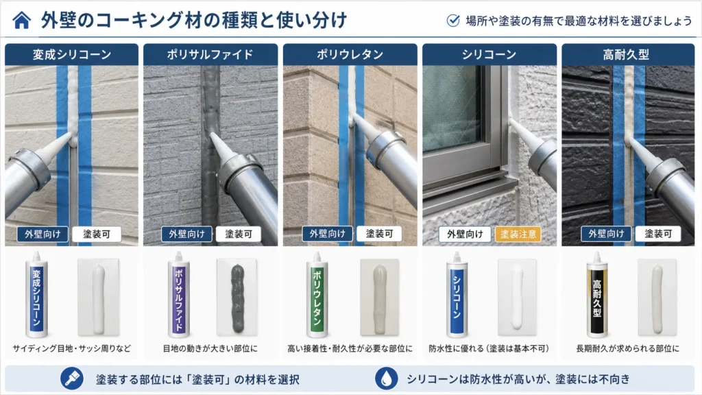 外壁用コーキング材の種類と、使用場所・塗装適合性の違いを比較した画像