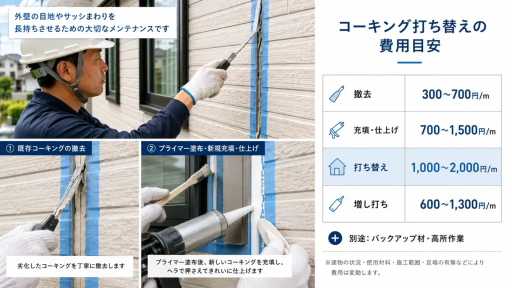 外壁コーキングの打ち替え費用相場を、施工内容と単価目安で示した図解画像。