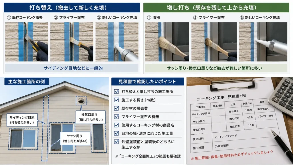 外壁コーキングの打ち替えと増し打ちの施工方法、施工箇所、見積確認項目を示した画像