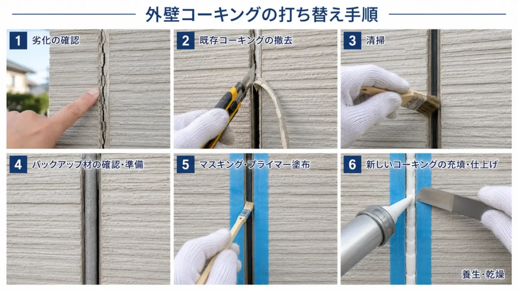 外壁コーキングの劣化確認から撤去、清掃、プライマー塗布、新規充填・仕上げまでの手順を示した画像