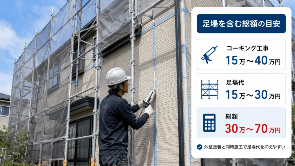 外壁コーキング工事と足場設置を行う住宅の総額目安を示した画像