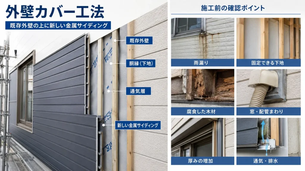 既存外壁の上に胴縁と金属サイディングを施工する外壁カバー工法と、施工前の確認点を示した画像