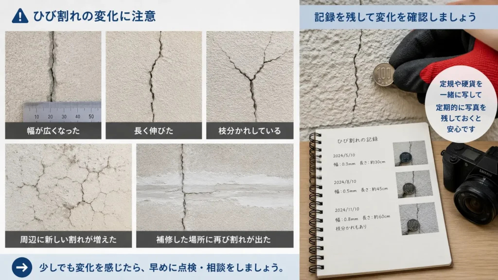 外壁のひび割れが広がる、長く伸びる、枝分かれする、新しい割れが増える、補修箇所に再発するといった変化と、定規や硬貨を添えて定期的に記録する方法を示した画像