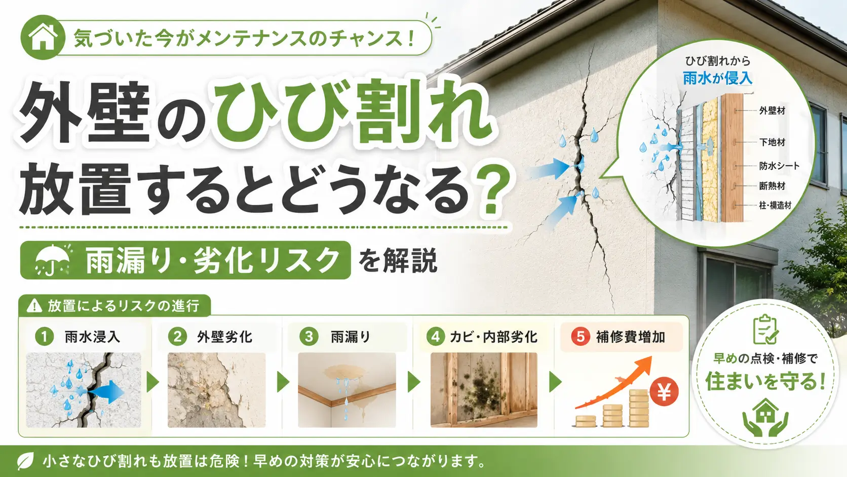 外壁のひび割れを放置した場合の雨漏り・外壁劣化・カビ・補修費増加のリスクを示した画像