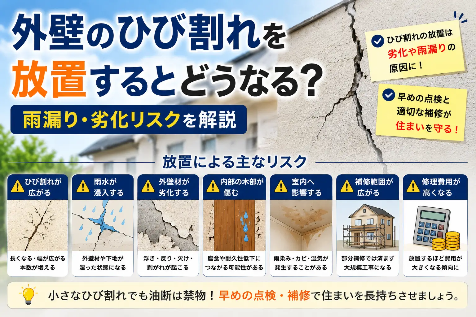 外壁のひび割れを放置した場合に起こる雨漏りや外壁材の劣化、修理費用増加のリスクをまとめた図解