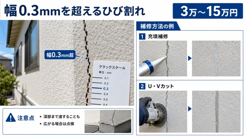 幅0.3mmを超える外壁のひび割れと、充填補修やUカット・Vカットによる補修方法、費用目安3万〜15万円を示した画像
