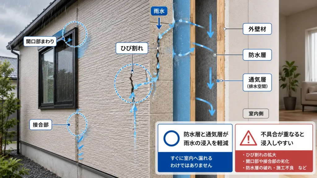 外壁のひび割れや窓まわり・接合部から雨水が入り込み、防水層と通気層を通って排出される仕組みと、不具合が重なると室内へ浸入しやすくなるリスクを示した画像