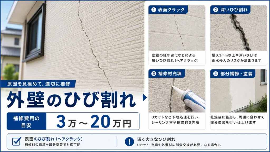 外壁の表面クラックや深いひび割れの違い、補修材の充填や部分補修・塗装の流れ、修理費用の目安3万〜20万円を示した画像
