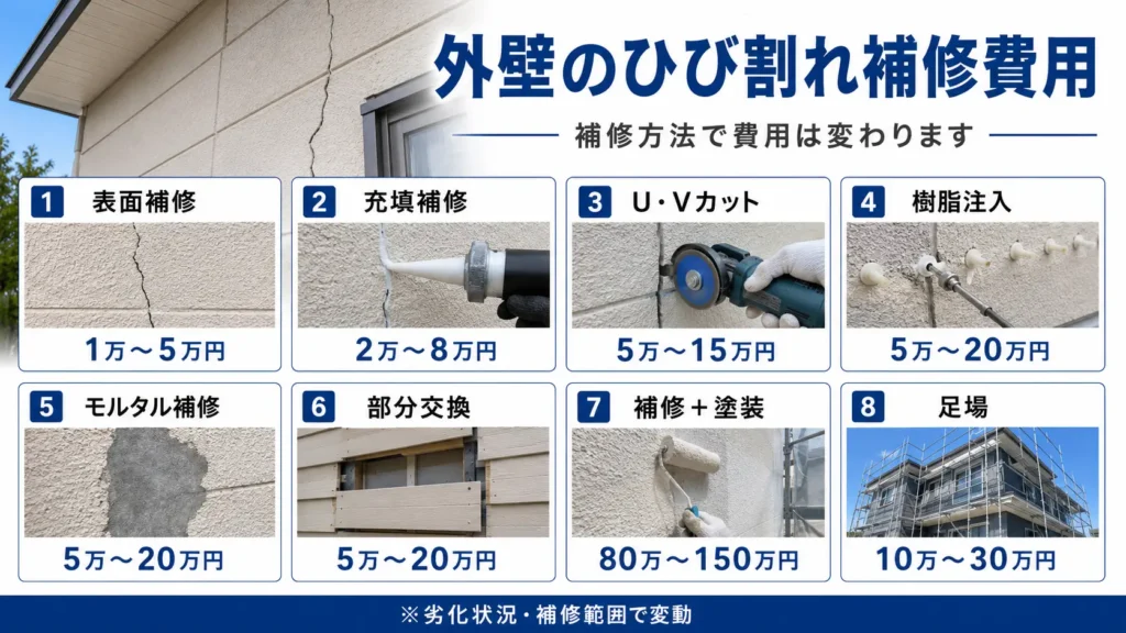 外壁のひび割れ補修費用を、表面補修・充填補修・UカットやVカット・樹脂注入・モルタル補修・部分交換・塗装・足場の工事内容別に示した画像