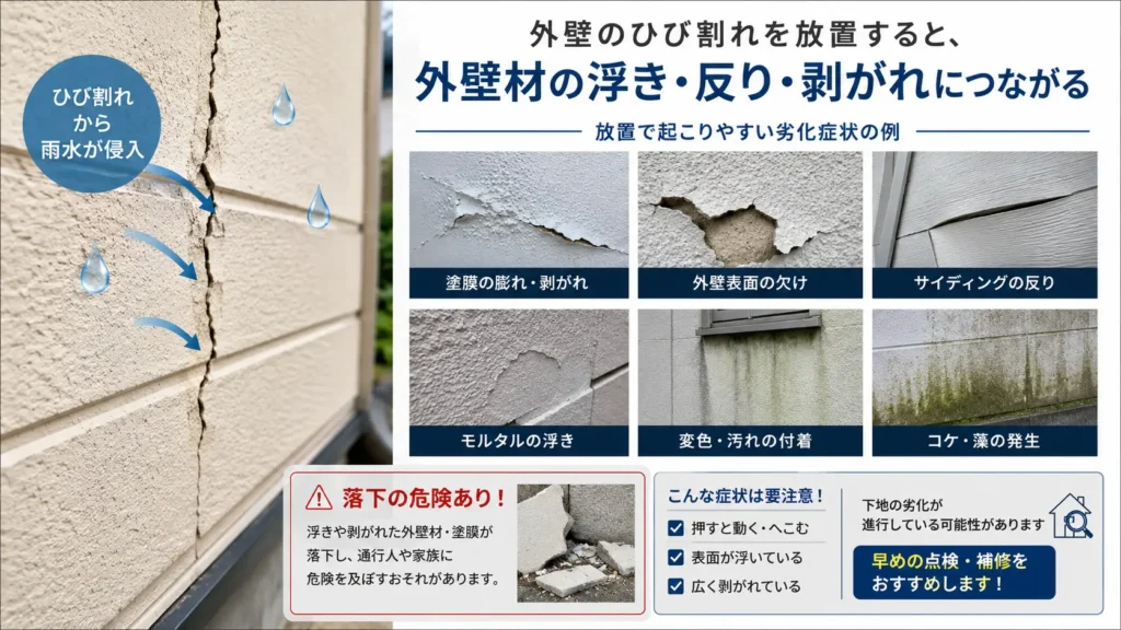外壁のひび割れから水分が入り、塗膜の膨れや剥がれ、外壁表面の欠け、サイディングの反り、モルタルの浮き、変色、コケや藻が発生する劣化例を示した画像