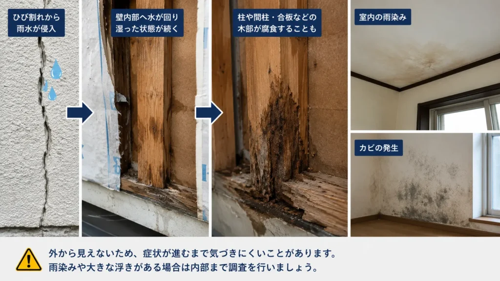 外壁のひび割れから雨水が入り、壁内部の柱・間柱・合板などの木部が腐食し、室内に雨染みやカビが現れるまでの流れを示した画像