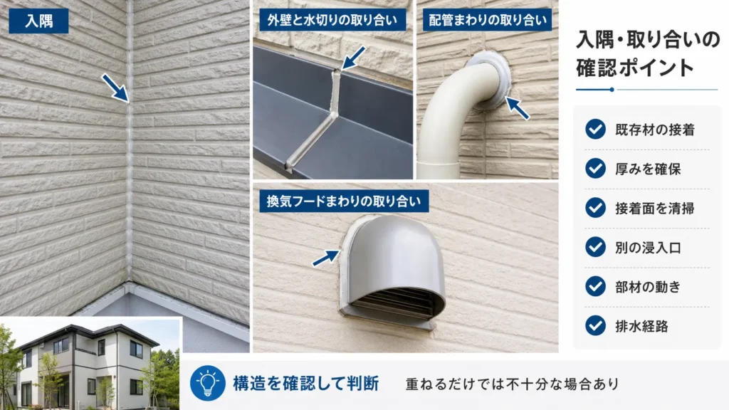 外壁の入隅や板金・配管・換気口との取り合い部分で、コーキング施工前に確認するポイントを示した画像