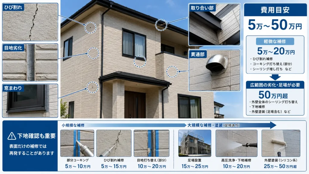 外壁のひび割れ、目地劣化、窓まわり、屋根との取り合い部、換気口まわりから起こる雨漏りと修理費用の目安を示した画像