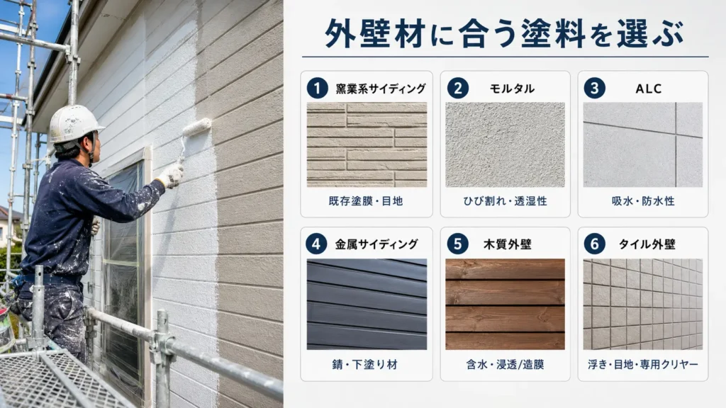 窯業系サイディング・モルタル・ALC・金属・木質・タイル外壁に合う塗料選びの確認点を示した画像