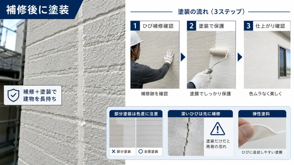 外壁のひび割れ補修後に行う塗装について、補修跡の確認・塗装による保護・仕上がり確認の流れと、部分塗装の色差や深いひびの再発防止、弾性塗料の特徴を示した画像