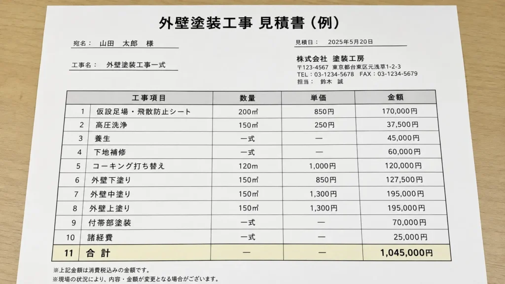 外壁塗装工事の見積書例として、足場・高圧洗浄・下地補修・コーキング・塗装・付帯部・諸経費の内訳と合計金額を示した画像