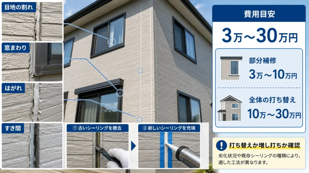 外壁目地や窓まわりのシーリングに起こる割れ、剥がれ、隙間と、部分補修・全体打ち替えの費用目安を示した画像