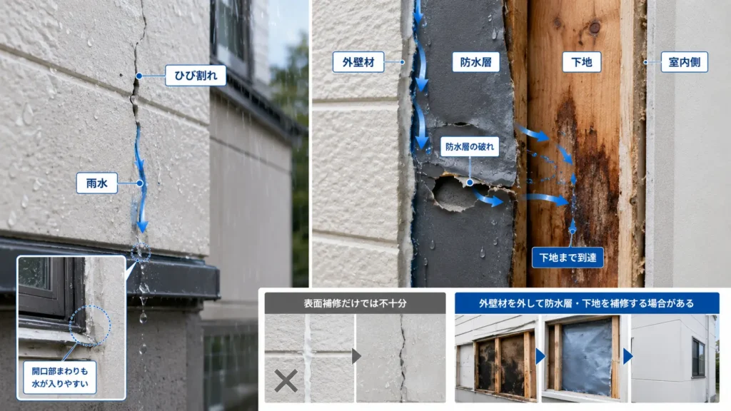 外壁のひび割れや窓まわりから雨水が入り、防水層の破れを通って下地まで到達する仕組みと、外壁材を外して防水層・下地を補修する流れを示した画像