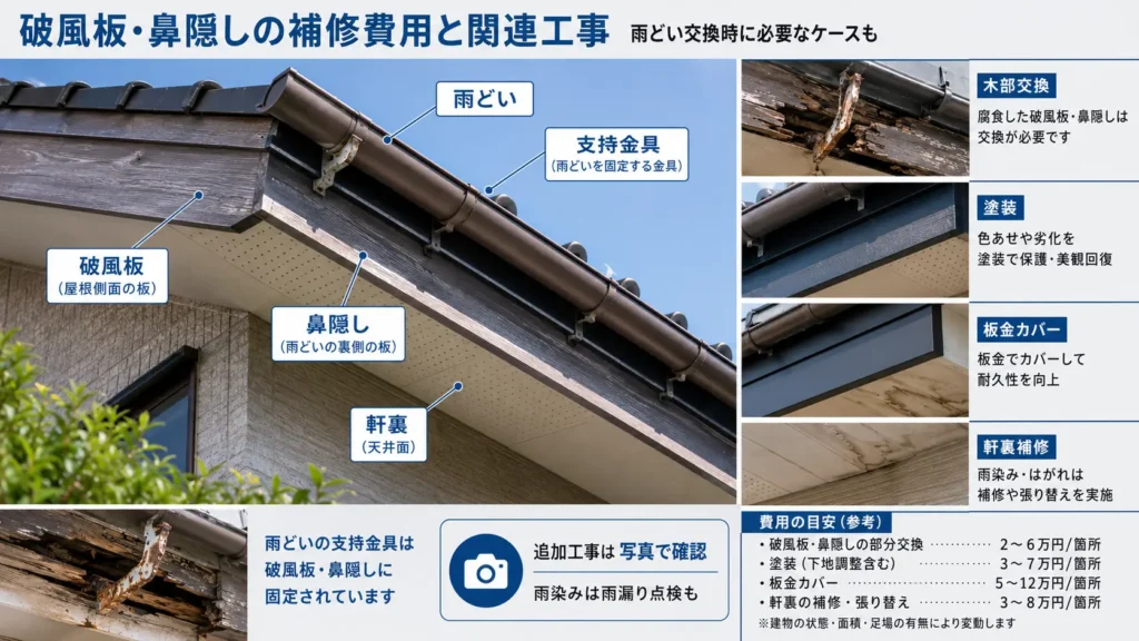 雨どいの支持金具が固定される破風板・鼻隠し・軒裏の位置と、木部交換・塗装・板金カバー・軒裏補修の関連工事や費用目安を写真付きで示した画像