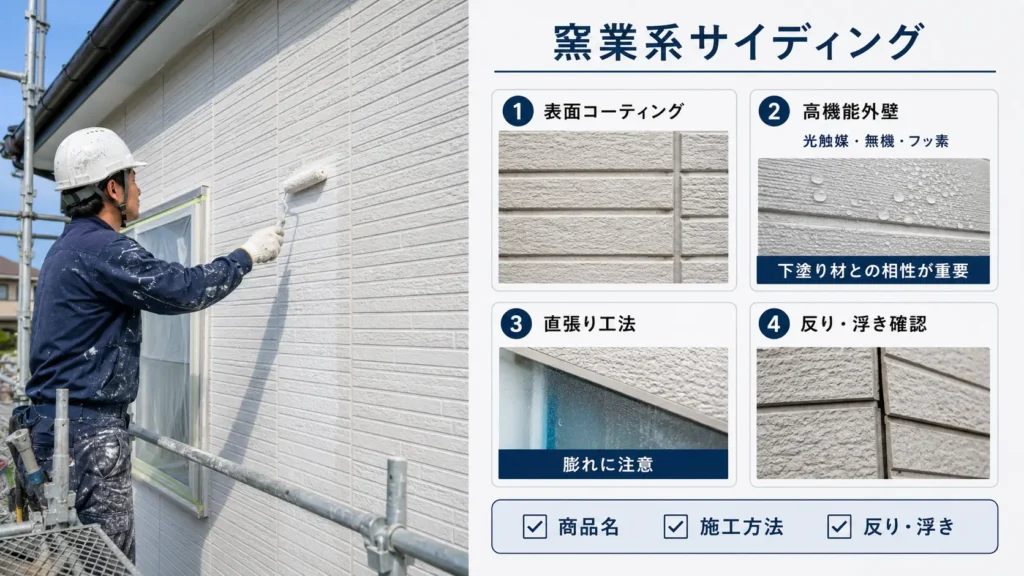 窯業系サイディングの表面コーティングや直張り工法、反り・浮きを確認して塗料を選ぶポイントを示した画像