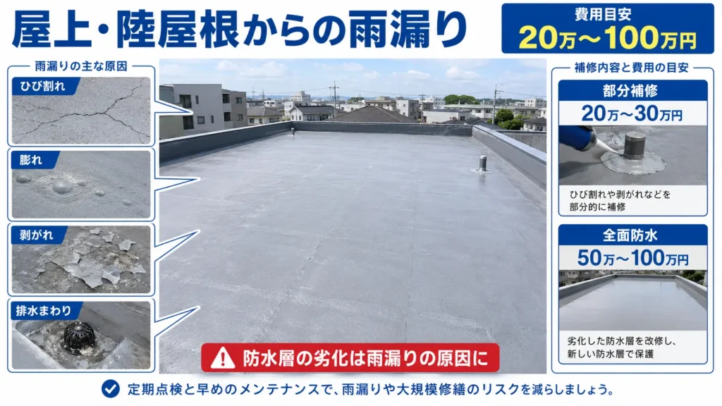 屋上・陸屋根の防水層に発生するひび割れ、膨れ、剥がれ、排水まわりの劣化と、部分補修・全面防水の費用目安を示した画像