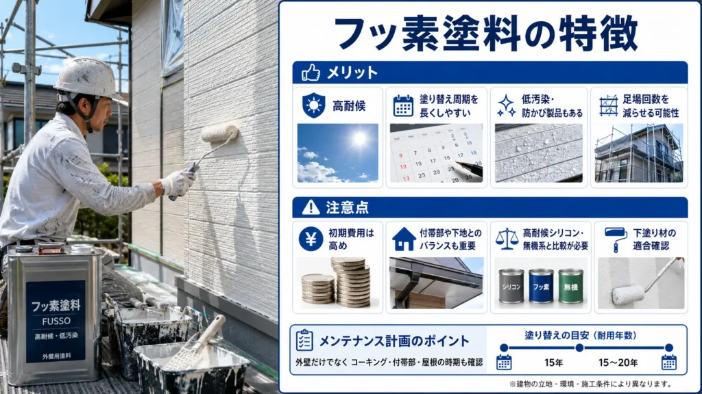 フッ素塗料の高耐候性や塗り替え周期の長さ、初期費用と付帯部の耐久性に関する注意点を示した画像
