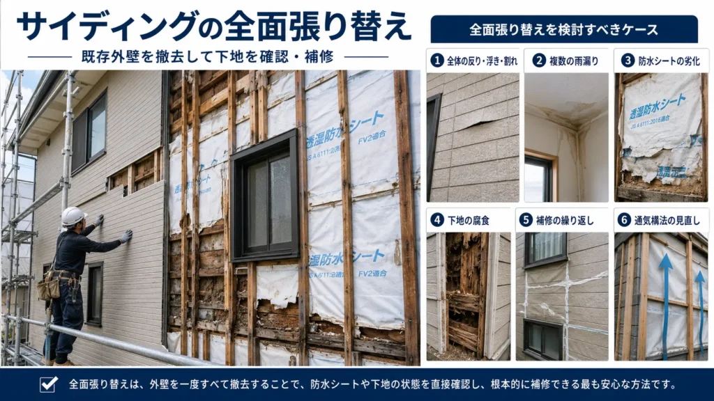 既存サイディングを撤去し、防水シートや下地を補修して全面張り替えする工程と検討例を示した画像