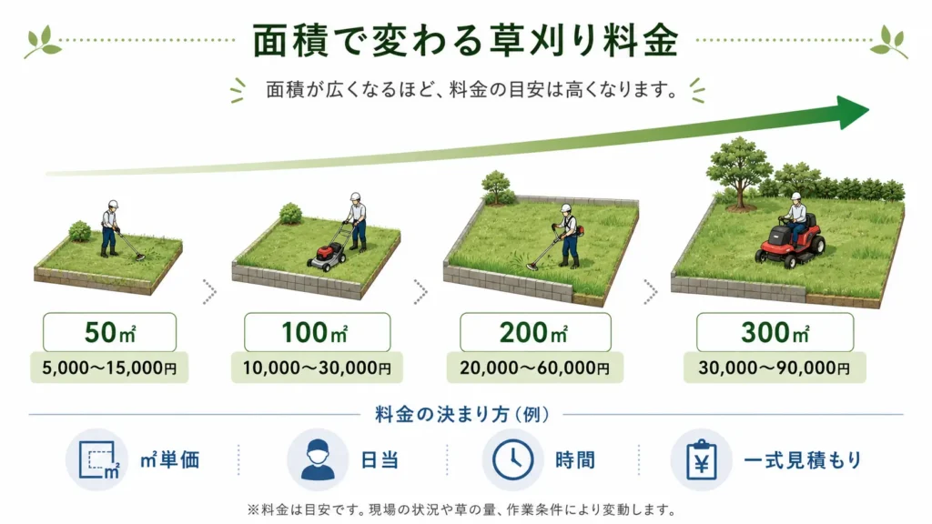 50㎡から300㎡までの面積別草刈り料金の目安と料金計算方法を示した図