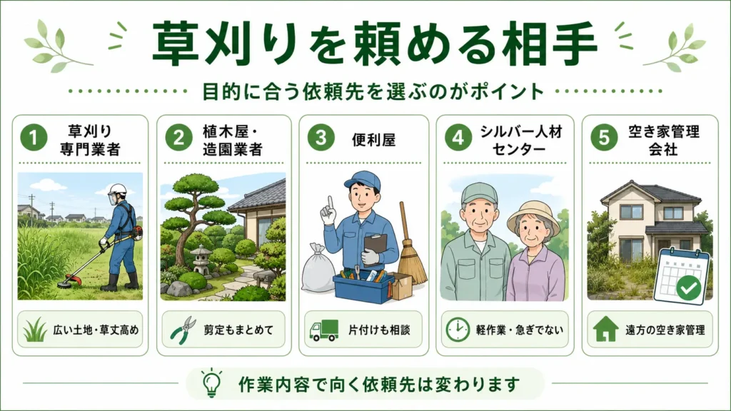草刈り専門業者や植木屋、便利屋、シルバー人材センターなど依頼先の種類を比較した図