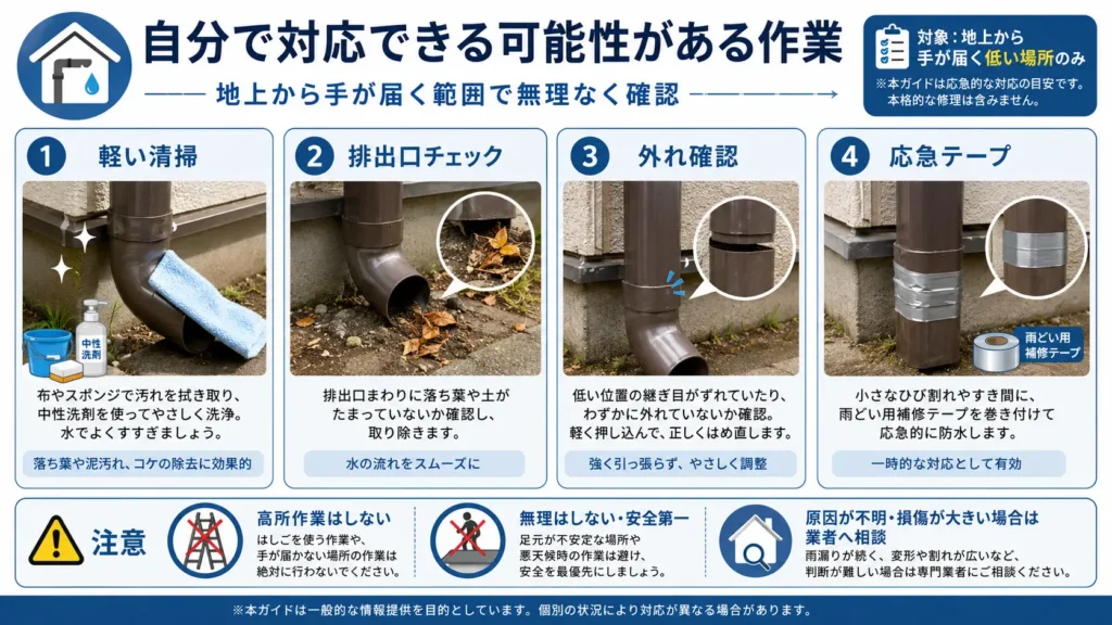 地上から手が届く範囲で行える雨どいの軽い清掃・排出口確認・継ぎ目の外れ確認・補修テープによる応急処置と、高所作業を避ける注意点を示した画像