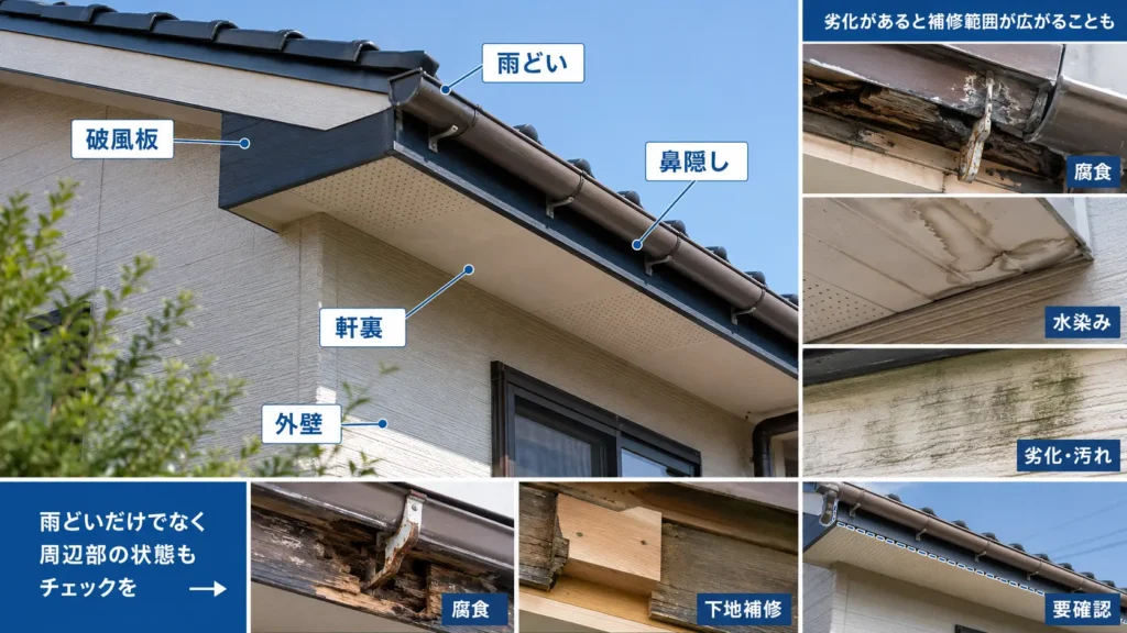 雨どいの周辺にある破風板・鼻隠し・軒裏・外壁の位置と、腐食や水染みなど追加補修が必要になる劣化例を写真付きで示した画像