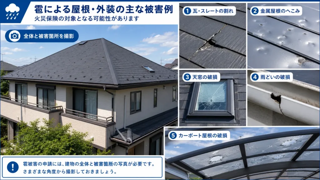 雹による屋根材の割れ、金属屋根のへこみ、天窓や雨どい、カーポート屋根の破損を示した画像