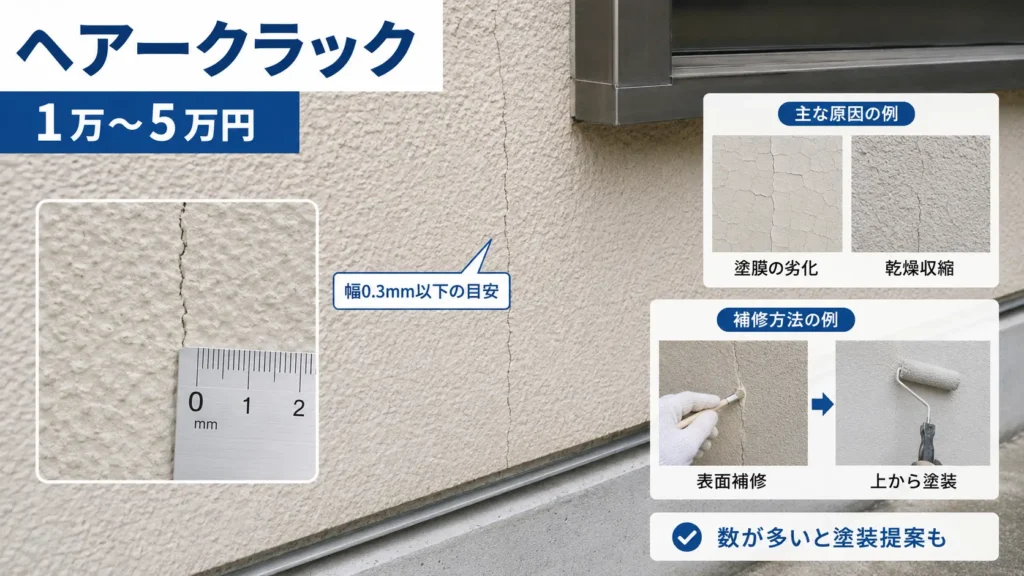ヘアークラックの費用目安1万〜5万円と、幅0.3mm以下の細いひび割れの特徴、主な原因、表面補修から塗装までの補修方法を写真付きで示した画像