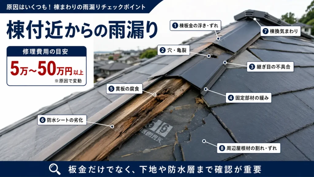 棟板金付近の雨漏り原因と下地・防水シートの点検箇所を示した画像