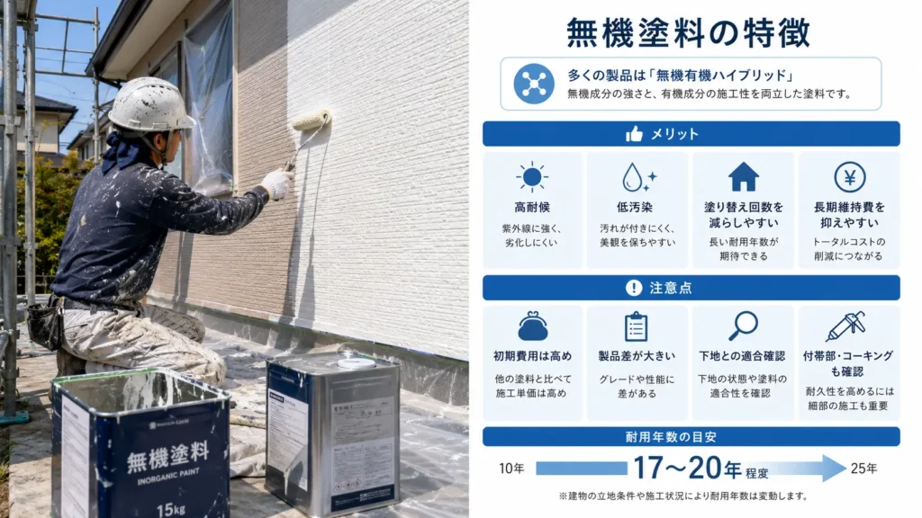 無機塗料の高耐候性や低汚染性、初期費用・製品差・下地適合などの注意点を示した画像