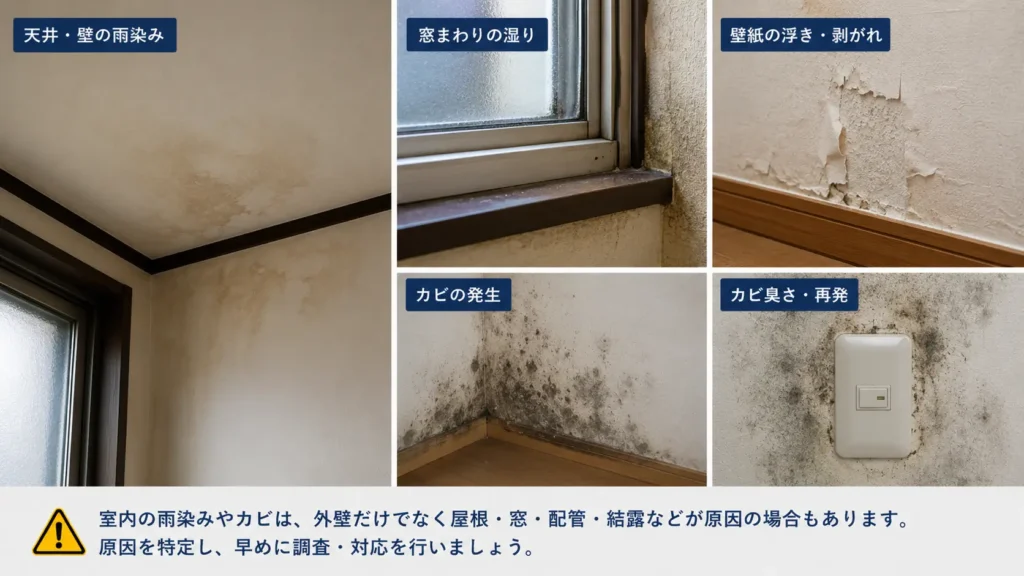 室内の壁や天井に現れる雨染み、窓まわりの湿り、壁紙の浮きや剥がれ、カビやカビ臭など、雨漏りや湿気による代表的な症状を写真付きで示した画像