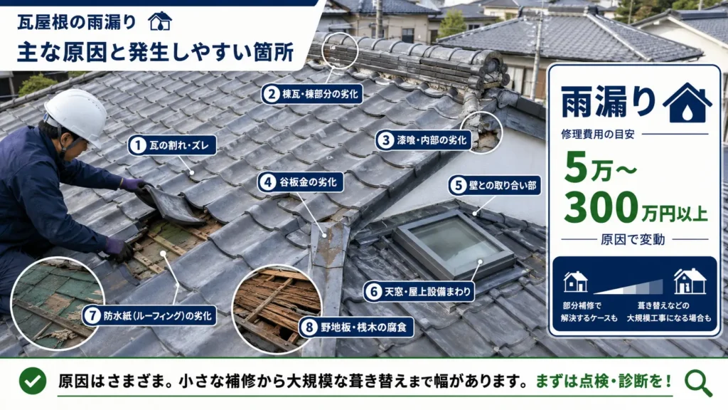 瓦屋根の雨漏り原因と修理費用の目安を示した画像