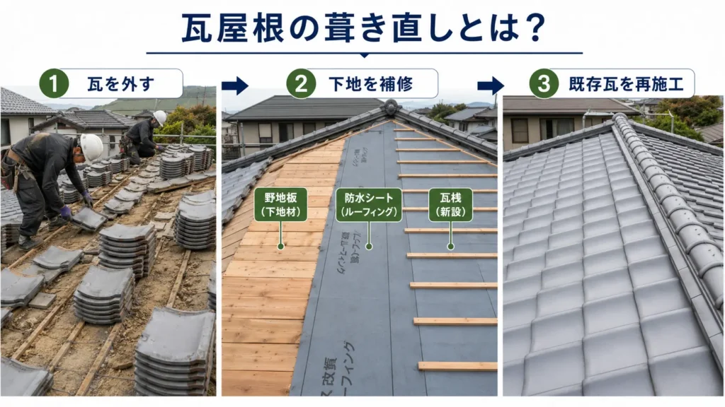 既存瓦を外して下地を補修し、再び瓦を施工する葺き直しの流れを示した画像
