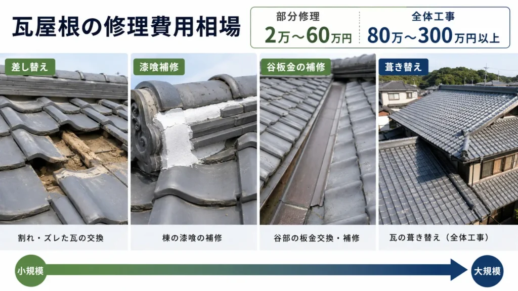 瓦屋根の部分修理と葺き替えの費用相場を工事例で比較した画像