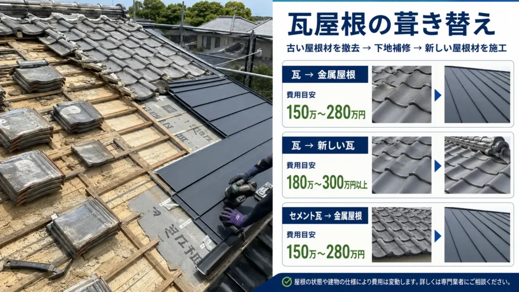 瓦屋根の葺き替え工事と屋根材ごとの費用目安を比較した画像