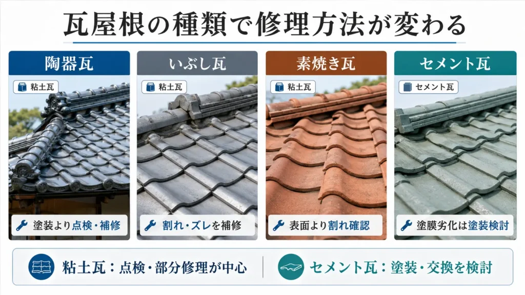 瓦屋根の種類ごとの特徴と修理方法の違いを比較した画像