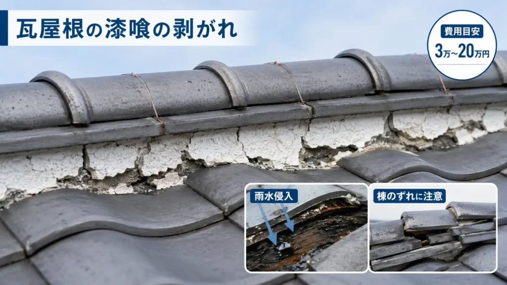 瓦屋根の棟部分で漆喰が剥がれ、雨水侵入や棟瓦のずれにつながる状態と費用目安3万〜20万円を示した画像