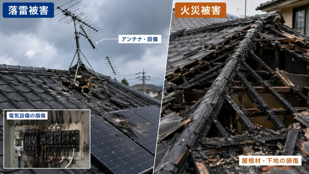 落雷による屋根や設備の損傷と、火災による屋根材・下地の焼損を示した画像